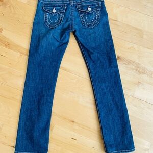 True Religion Straight Leg, Low Rise Jeans with Silver and Rose Gold Sparkles